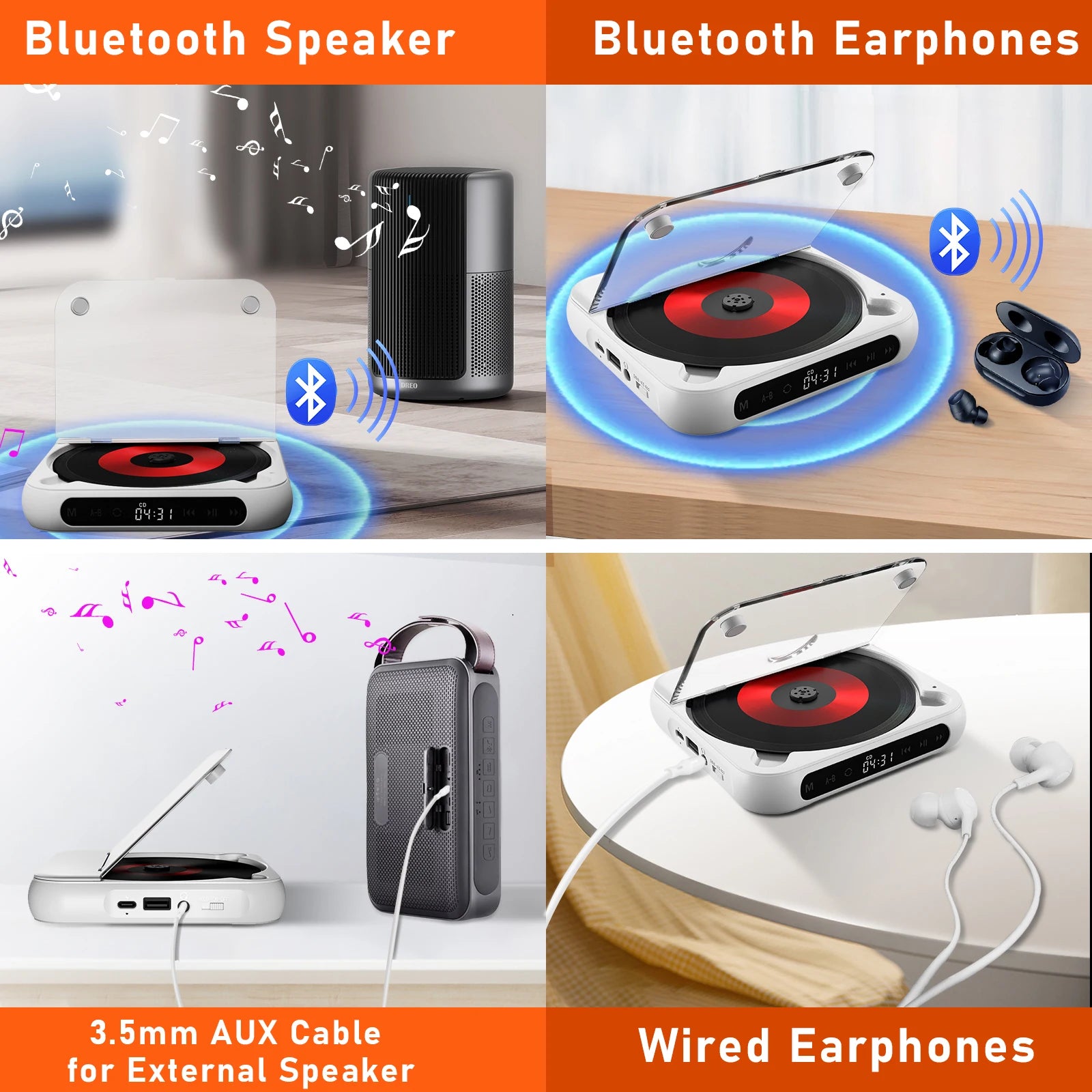 KC918 CD Player - Portable Bluetooth Speaker, LED Screen, Stereo Player, HIFI Sound Quali, Built in 2000Mah Rechargeable Battery