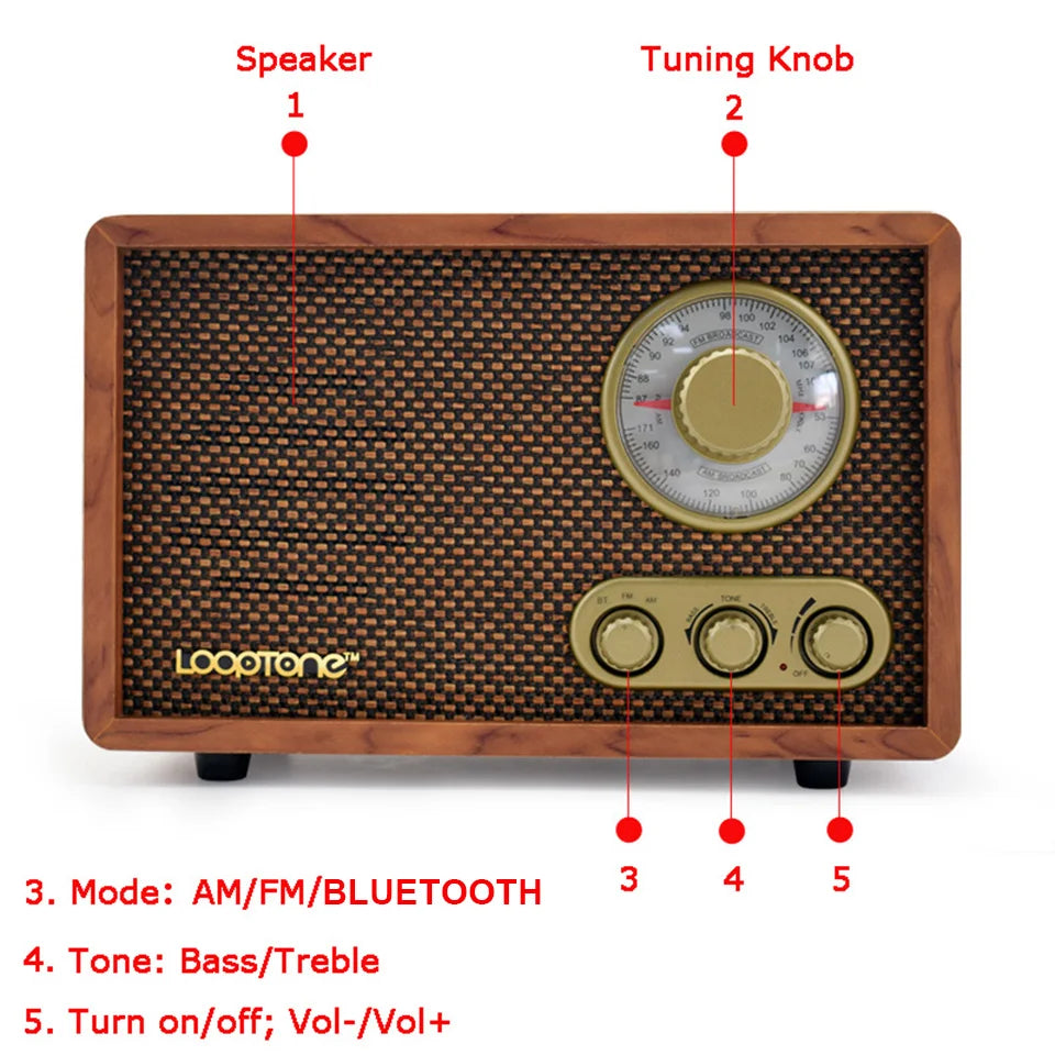 Tabletop AM/FM Radio Vintage Retro Classic Radio Bluetooth-Compatible Built-In Speaker Treble&Bass Hand-Crafted Wood