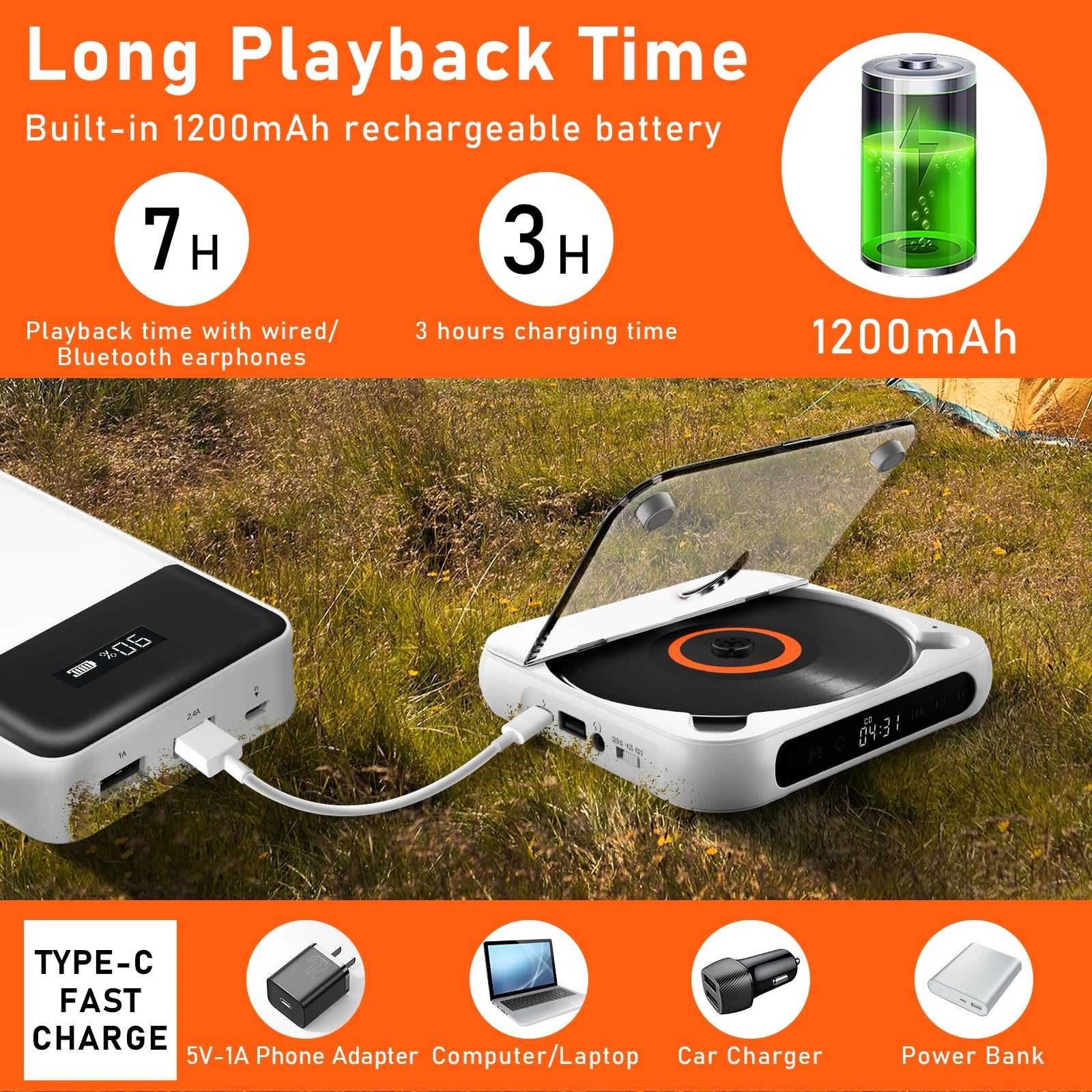 KC918 CD Player - Portable Bluetooth Speaker, LED Screen, Stereo Player, HIFI Sound Quali, Built in 2000Mah Rechargeable Battery