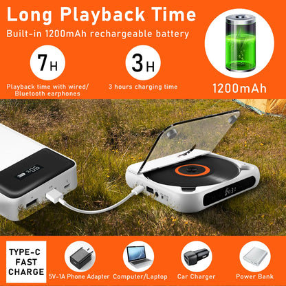 KC918 CD Player - Portable Bluetooth Speaker, LED Screen, Stereo Player, HIFI Sound Quali, Built in 2000Mah Rechargeable Battery
