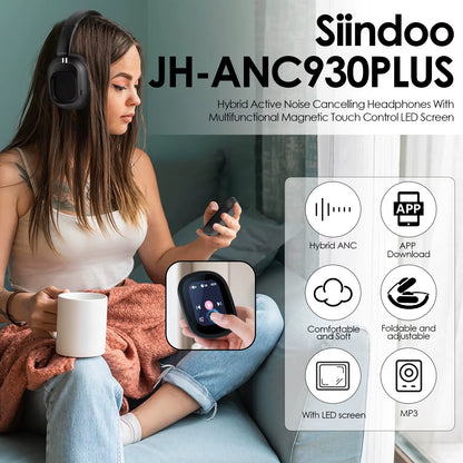 Jh-Anc930Plus Hybrid Wireless Headphone, Active Noise Cancelling Headphones with Multi Magnetic Touch Control LED Screen