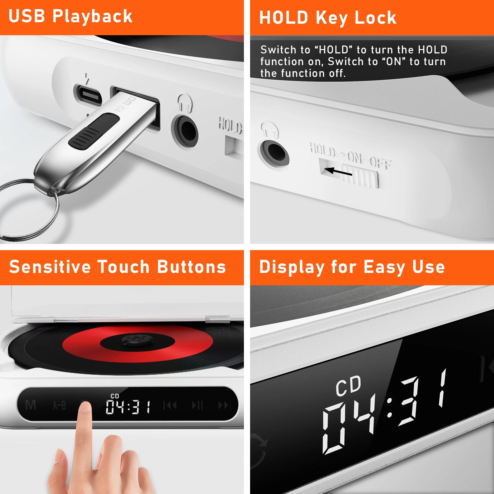 KC918 CD Player - Portable Bluetooth Speaker, LED Screen, Stereo Player, HIFI Sound Quali, Built in 2000Mah Rechargeable Battery
